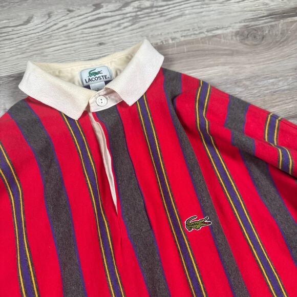 Lacoste Vintage 90s Rugby Shirt Red Stripe Cotton Preppy USA Large - Picture 2 of 6